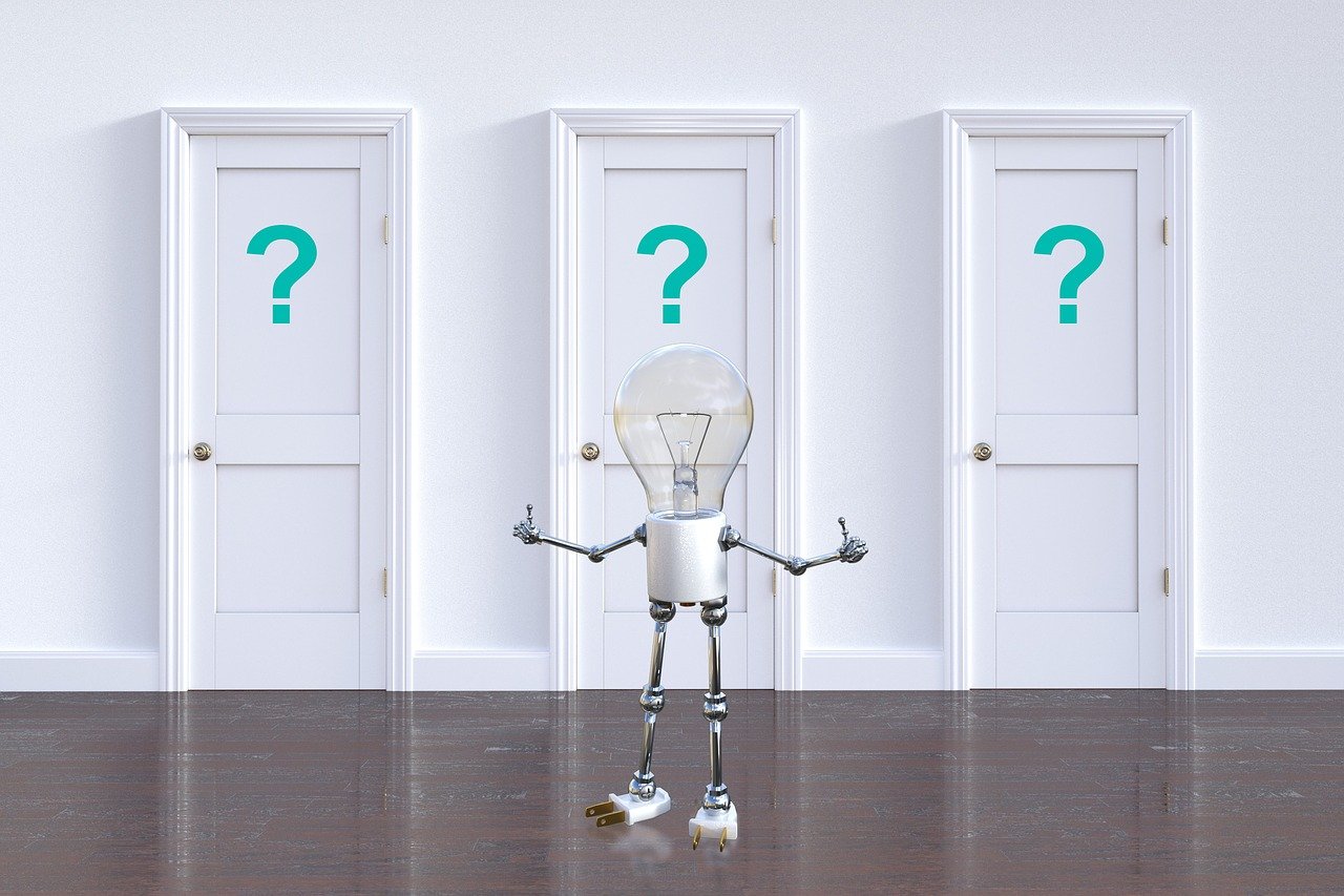 疑問符、選択、3つのドア