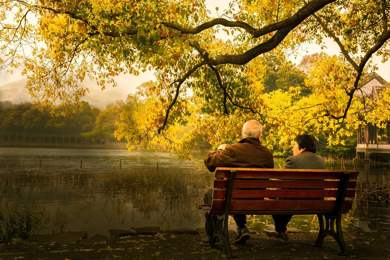 公園のベンチに座る老夫婦