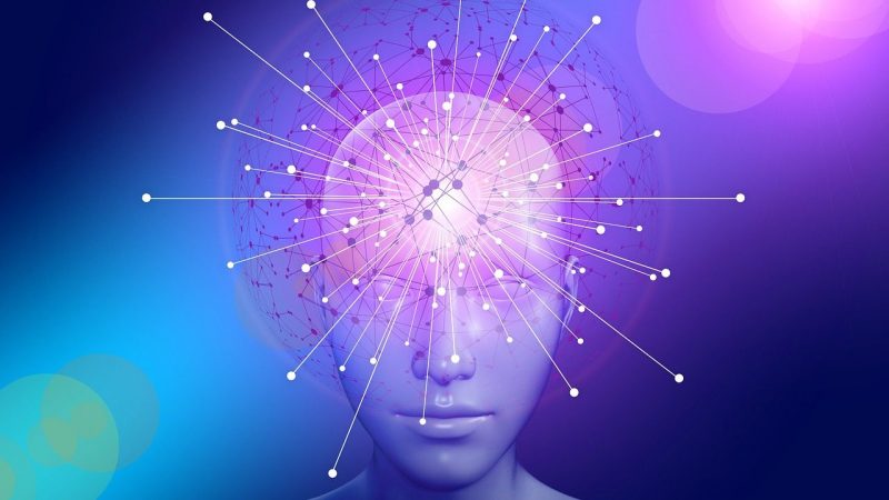 AIロボットの脳から溢れる光のネットワーク