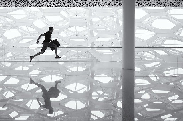 running man, glass floor, reflection