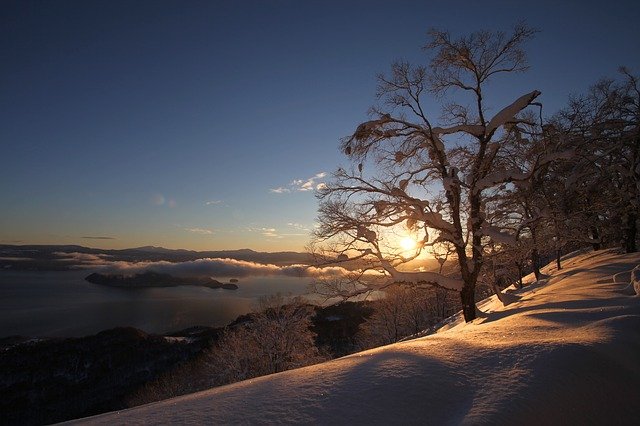 sunrise, snow, mountain