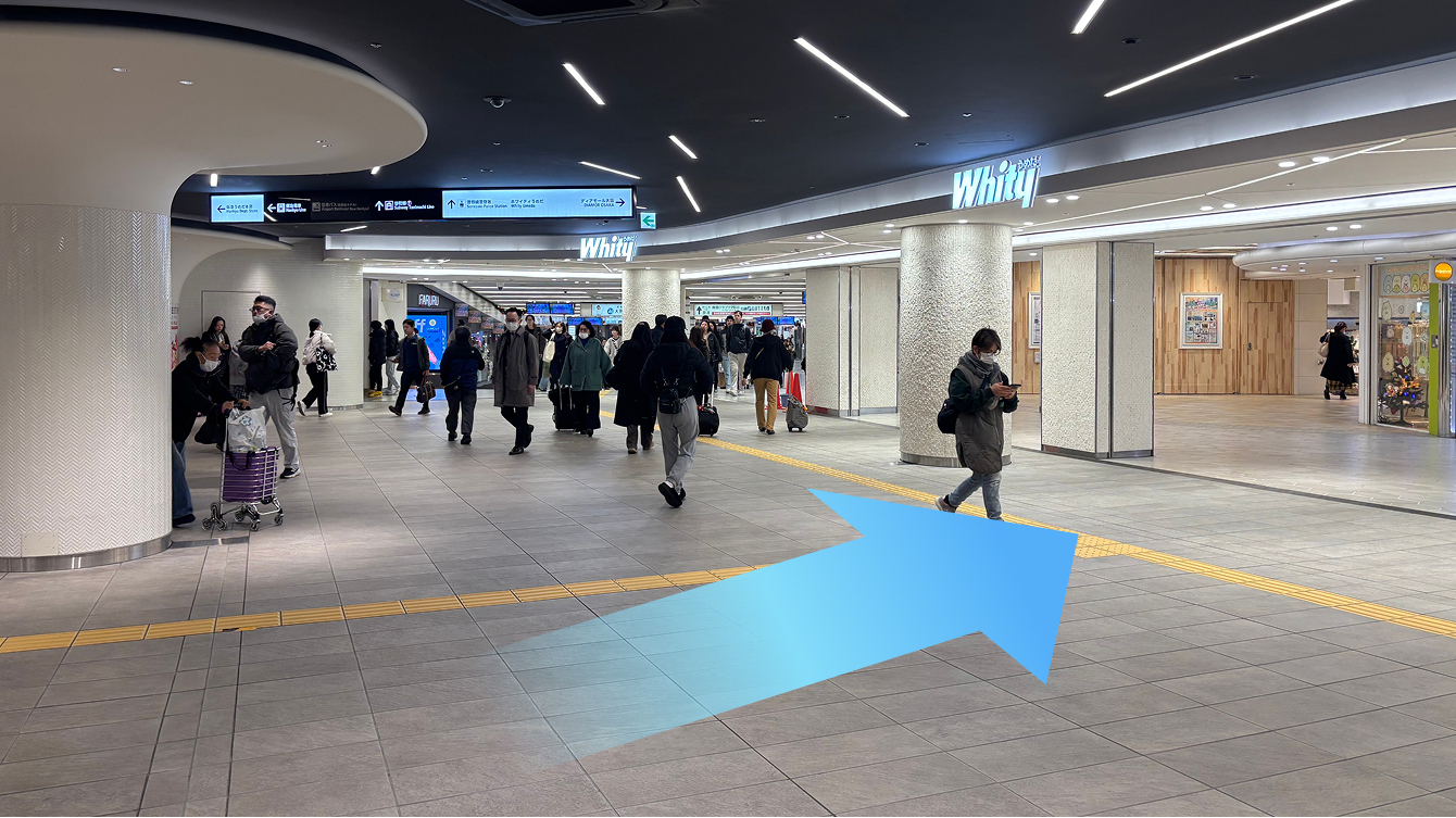 東口改札を出て斜め右方面にあるWhityうめだへ進んでください。